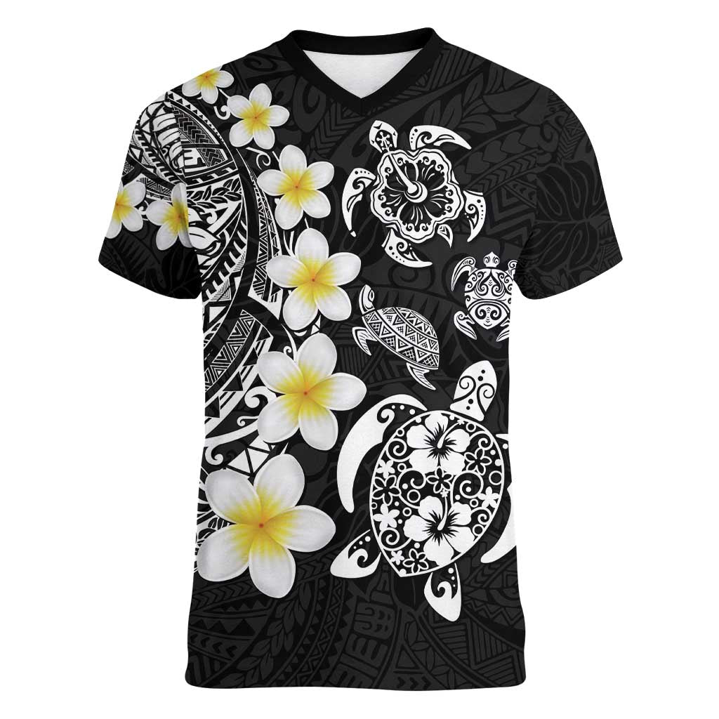 Hawaiian Plumeria Turtles Women V-Neck T-Shirt Polynesian Art Tattoo