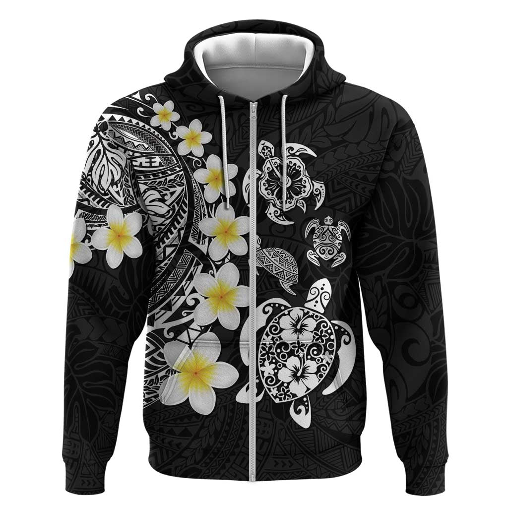 Hawaiian Plumeria Turtles Zip Hoodie Polynesian Art Tattoo LT03 Zip Hoodie Black - Polynesian Pride