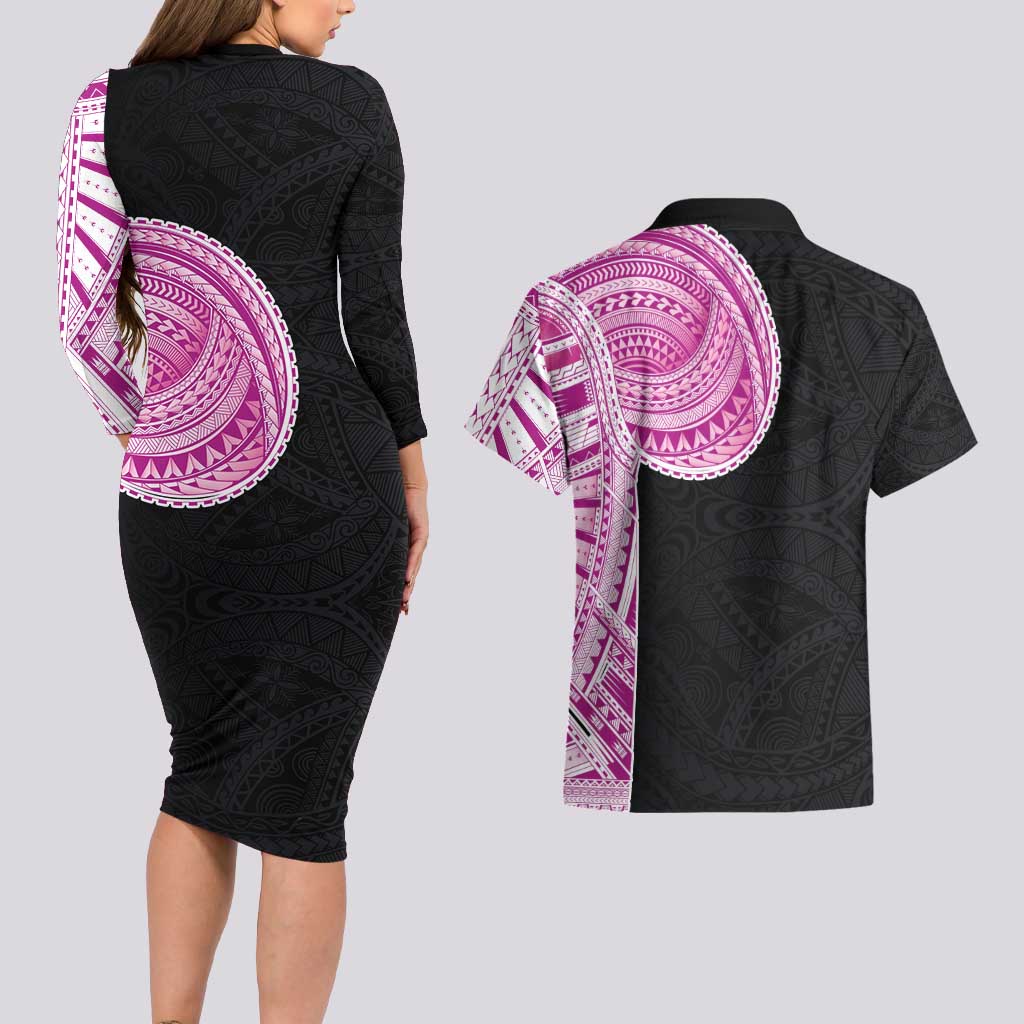 Samoan Art Tattoo Polynesian Pattern Couples Matching Long Sleeve Bodycon Dress and Hawaiian Shirt Pink Out Color