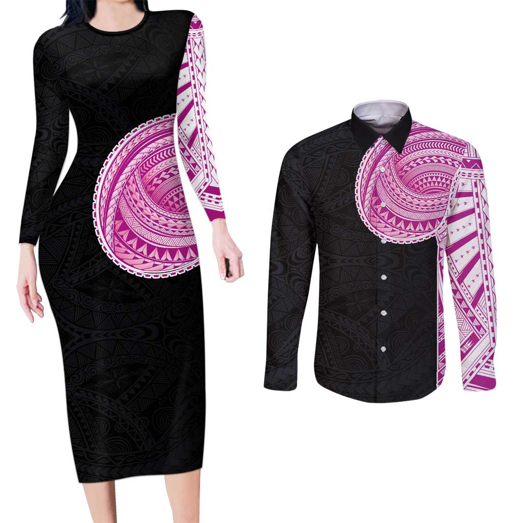 Samoan Art Tattoo Polynesian Pattern Couples Matching Long Sleeve Bodycon Dress and Long Sleeve Button Shirt Pink Out Color