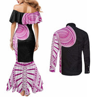 Samoan Art Tattoo Polynesian Pattern Couples Matching Mermaid Dress and Long Sleeve Button Shirt Pink Out Color