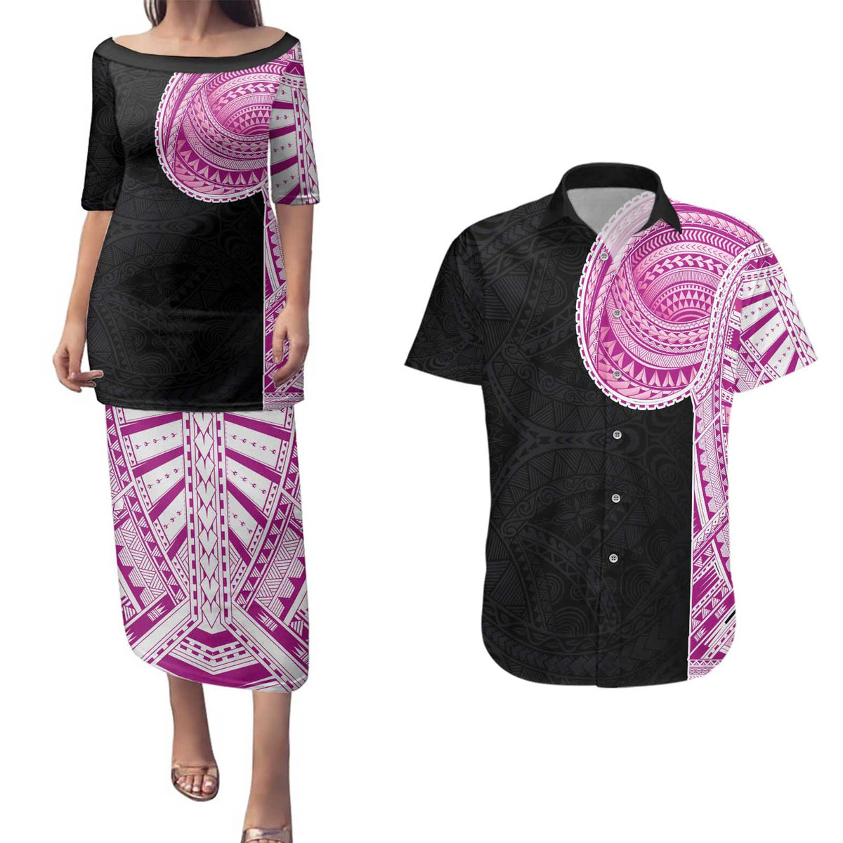 Samoan Art Tattoo Polynesian Pattern Couples Matching Puletasi and Hawaiian Shirt Pink Out Color LT03 Black - Polynesian Pride