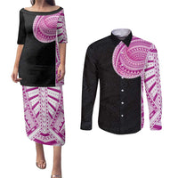 Samoan Art Tattoo Polynesian Pattern Couples Matching Puletasi and Long Sleeve Button Shirt Pink Out Color