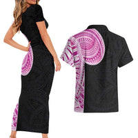 Samoan Art Tattoo Polynesian Pattern Couples Matching Short Sleeve Bodycon Dress and Hawaiian Shirt Pink Out Color