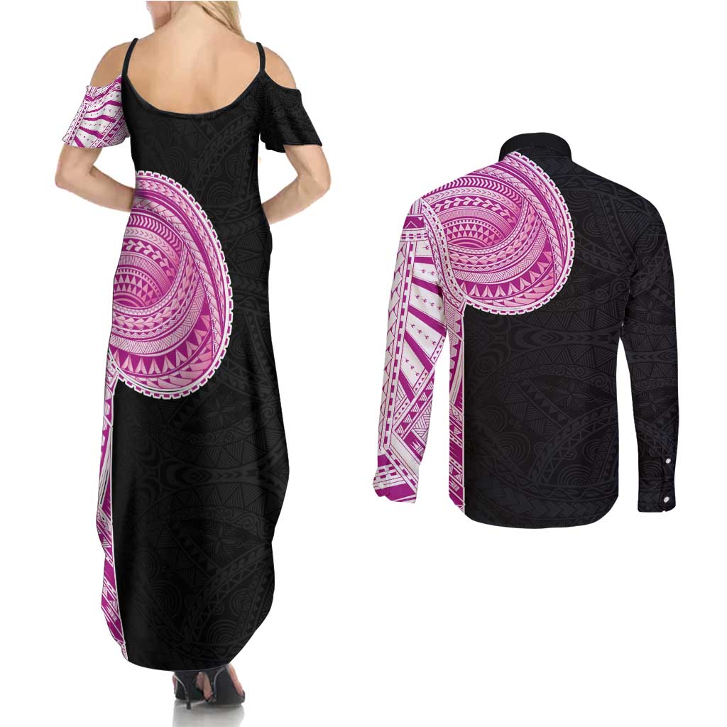 Samoan Art Tattoo Polynesian Pattern Couples Matching Summer Maxi Dress and Long Sleeve Button Shirt Pink Out Color