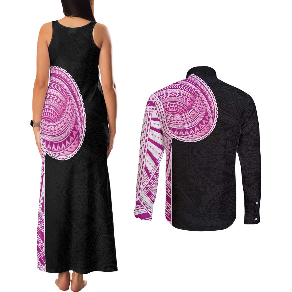 Samoan Art Tattoo Polynesian Pattern Couples Matching Tank Maxi Dress and Long Sleeve Button Shirt Pink Out Color