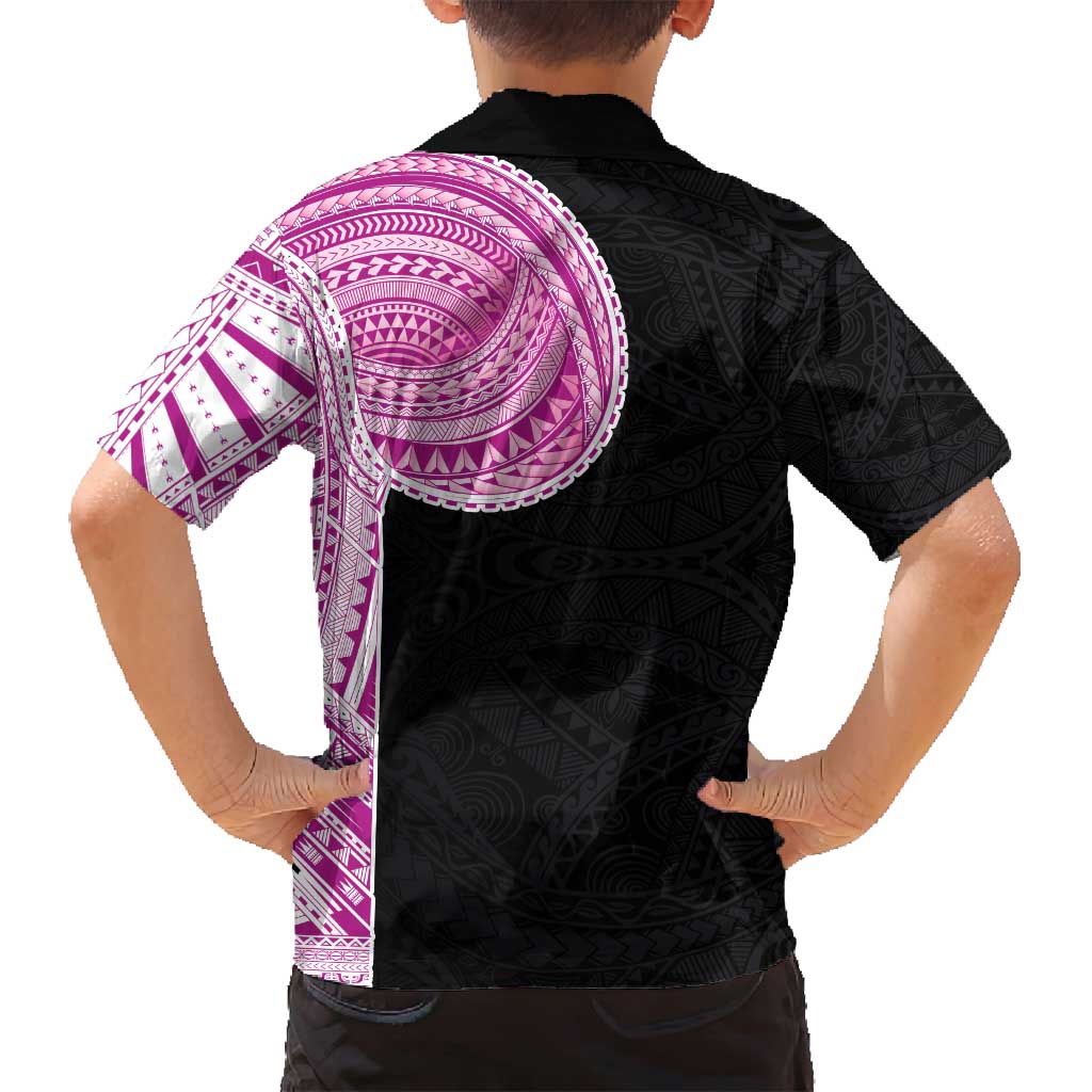 Samoan Art Tattoo Polynesian Pattern Family Matching Off Shoulder Short Dress and Hawaiian Shirt Pink Out Color