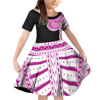 Samoan Art Tattoo Polynesian Pattern Family Matching Off Shoulder Short Dress and Hawaiian Shirt Pink Out Color