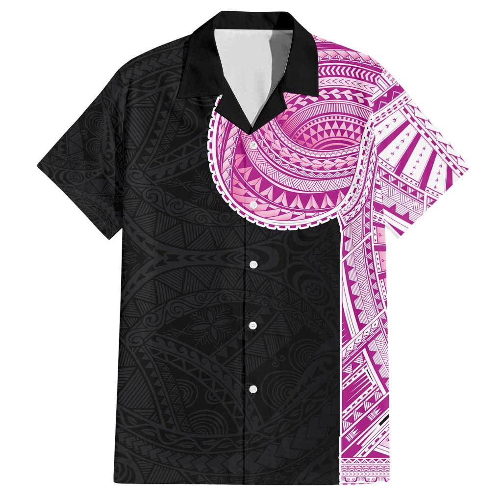 Samoan Art Tattoo Polynesian Pattern Family Matching Off Shoulder Short Dress and Hawaiian Shirt Pink Out Color