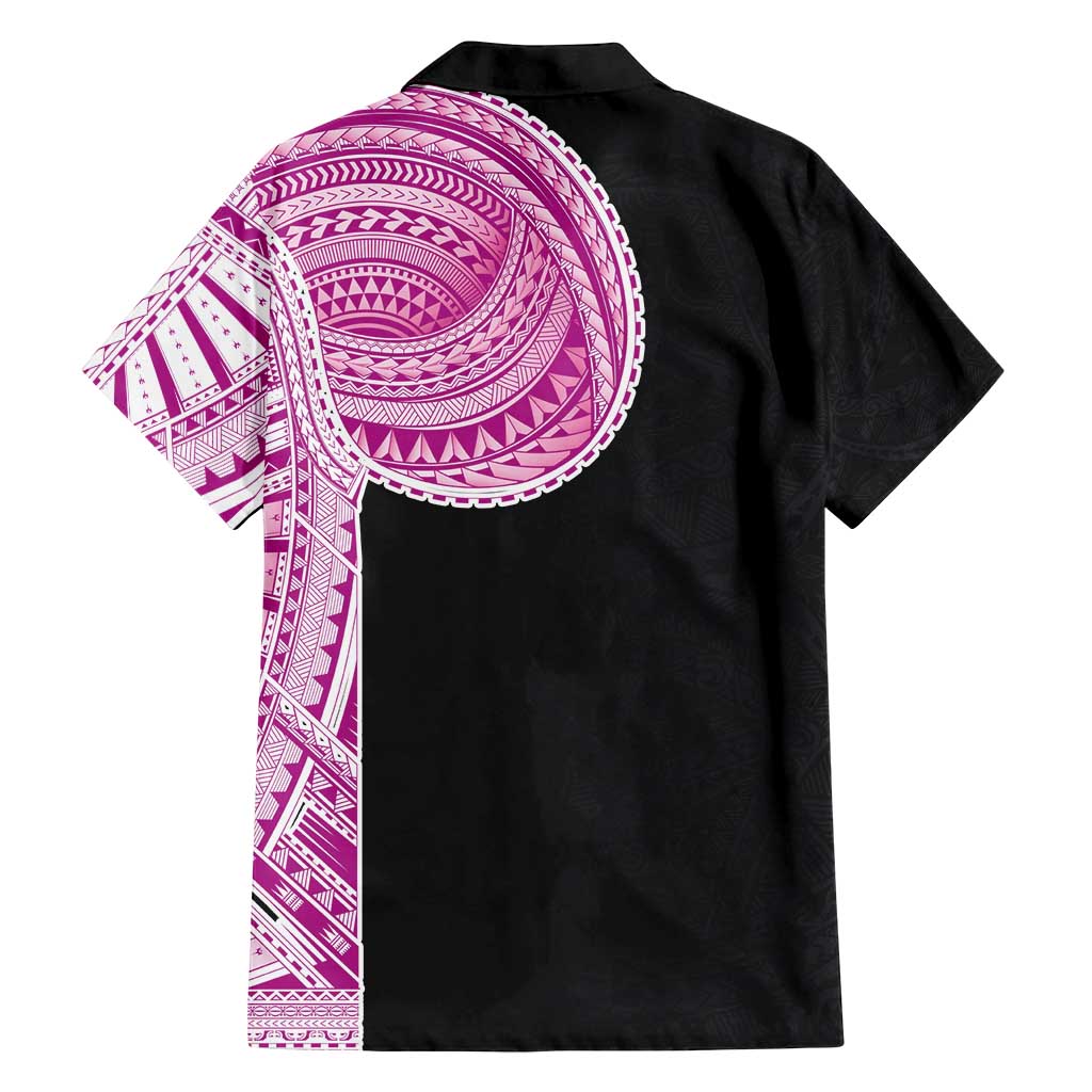 Samoan Art Tattoo Polynesian Pattern Family Matching Off Shoulder Short Dress and Hawaiian Shirt Pink Out Color