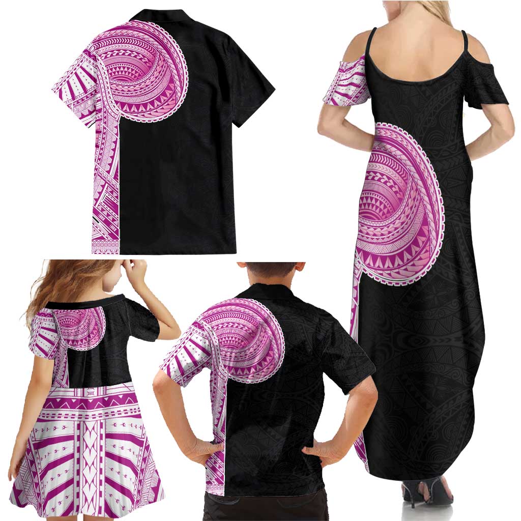 Samoan Art Tattoo Polynesian Pattern Family Matching Summer Maxi Dress and Hawaiian Shirt Pink Out Color
