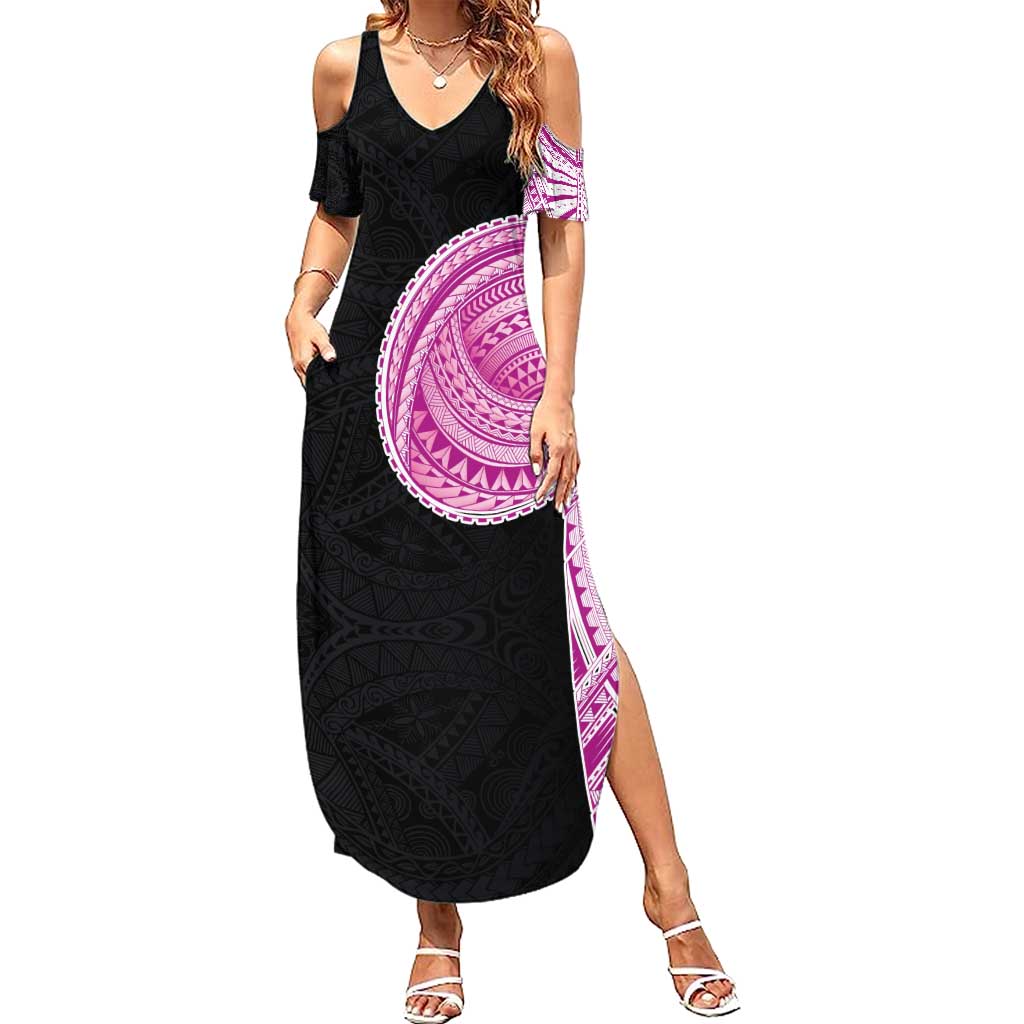 Samoan Art Tattoo Polynesian Pattern Family Matching Summer Maxi Dress and Hawaiian Shirt Pink Out Color
