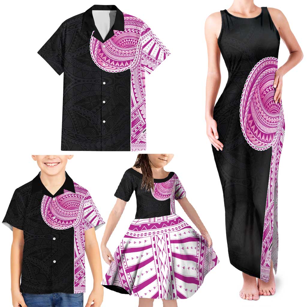 Samoan Art Tattoo Polynesian Pattern Family Matching Tank Maxi Dress and Hawaiian Shirt Pink Out Color