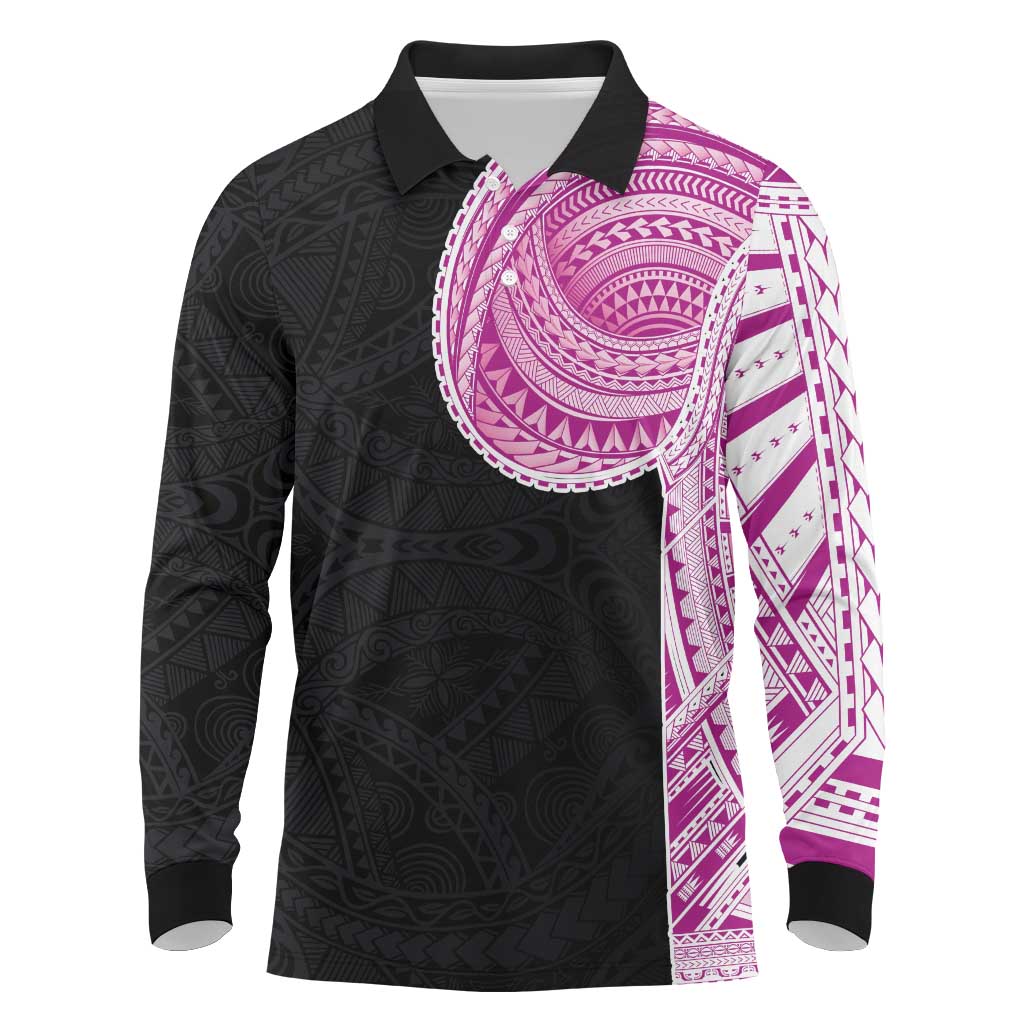 Samoan Art Tattoo Polynesian Pattern Long Sleeve Polo Shirt Pink Out Color LT03 Black - Polynesian Pride
