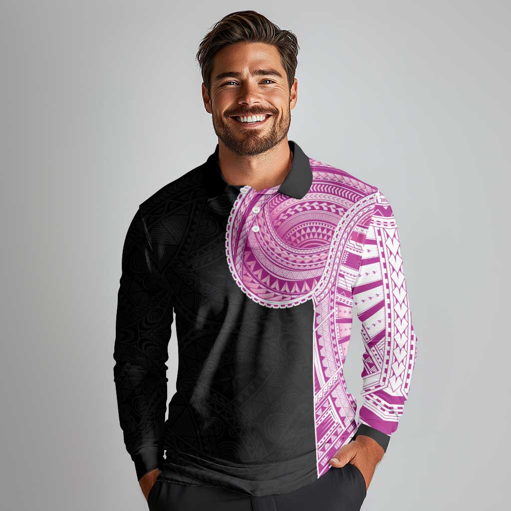 Samoan Art Tattoo Polynesian Pattern Long Sleeve Polo Shirt Pink Out Color LT03 - Polynesian Pride