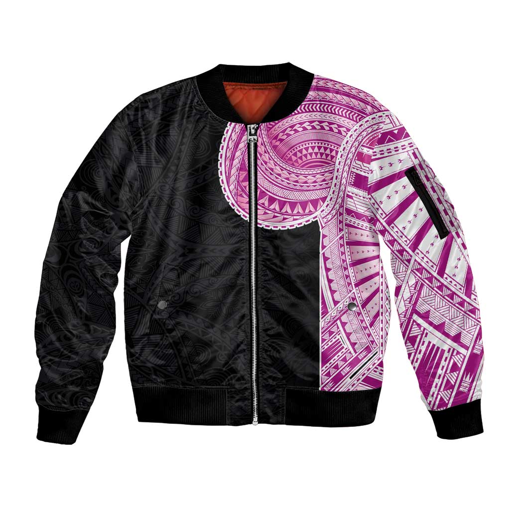 Samoan Art Tattoo Polynesian Pattern Sleeve Zip Bomber Jacket Pink Out Color LT03 Unisex Black - Polynesian Pride