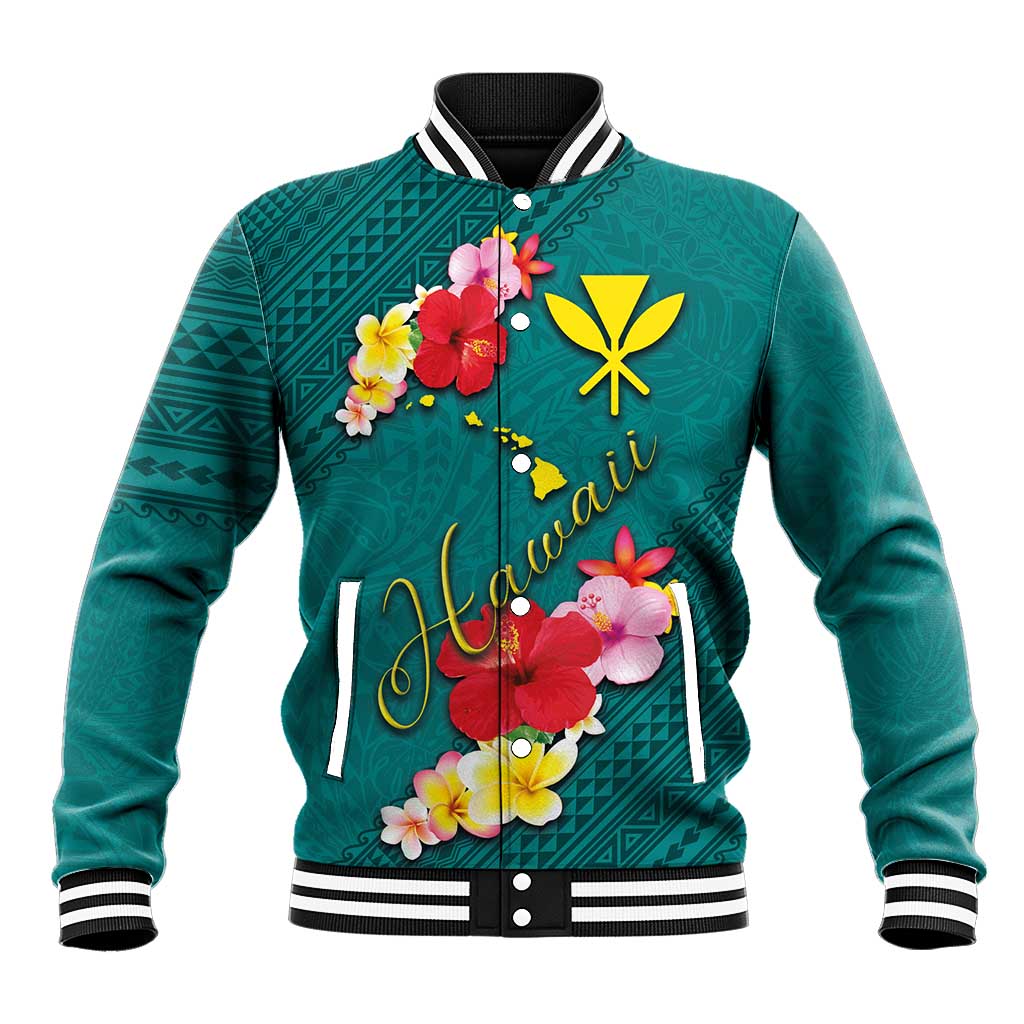 Aloha Kanaka Maoli Hawaii Flowers Baseball Jacket With Polynesian Pattern Teal Color LT03 Unisex Teal - Polynesian Pride