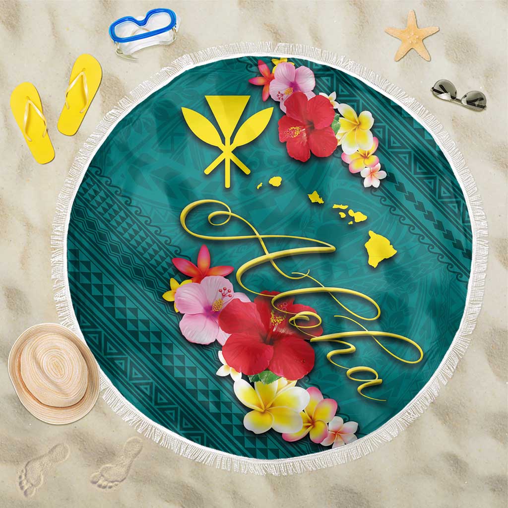 Aloha Kanaka Maoli Hawaii Flowers Beach Blanket With Polynesian Pattern Teal Color LT03 One Size 150cm Teal - Polynesian Pride