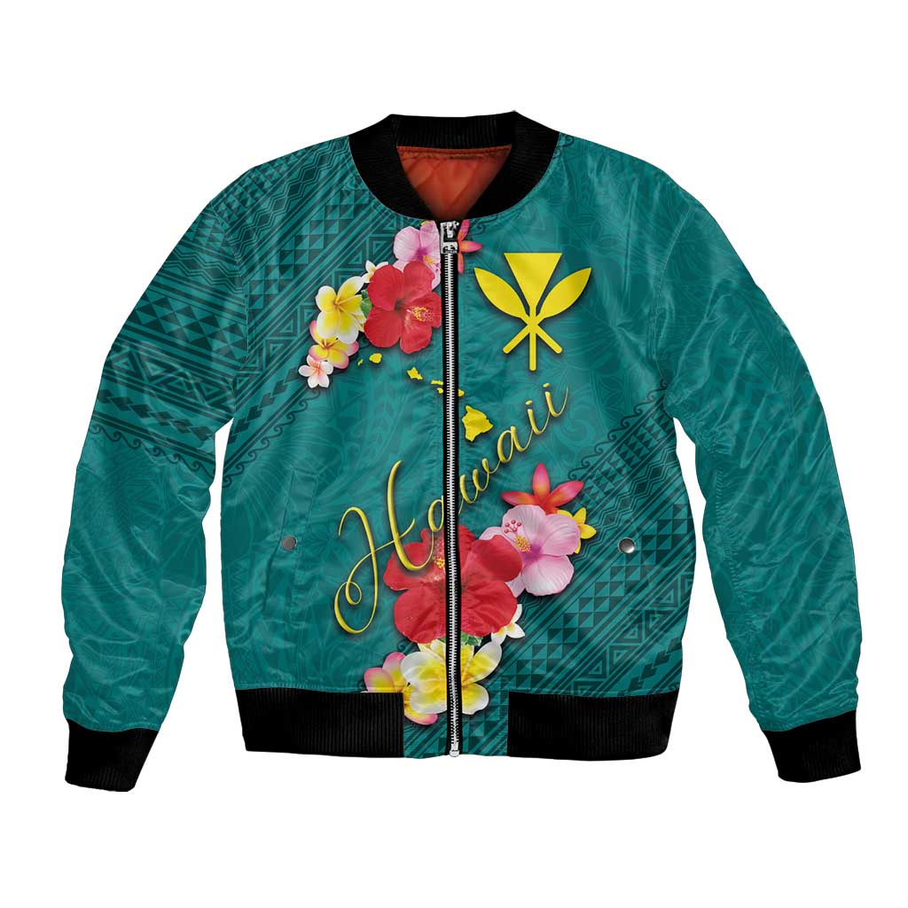 Aloha Kanaka Maoli Hawaii Flowers Bomber Jacket With Polynesian Pattern Teal Color LT03 Unisex Teal - Polynesian Pride