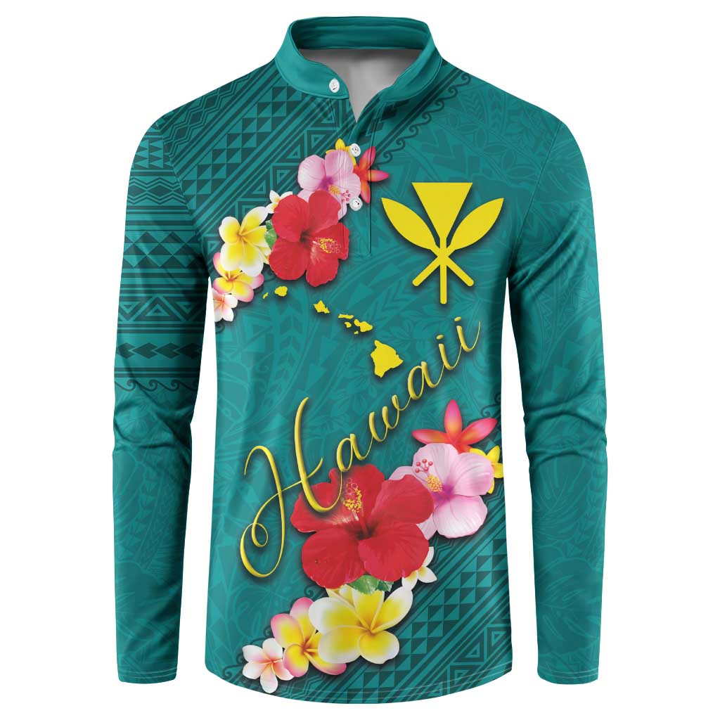 Aloha Kanaka Maoli Hawaii Flowers Button Sweatshirt With Polynesian Pattern Teal Color