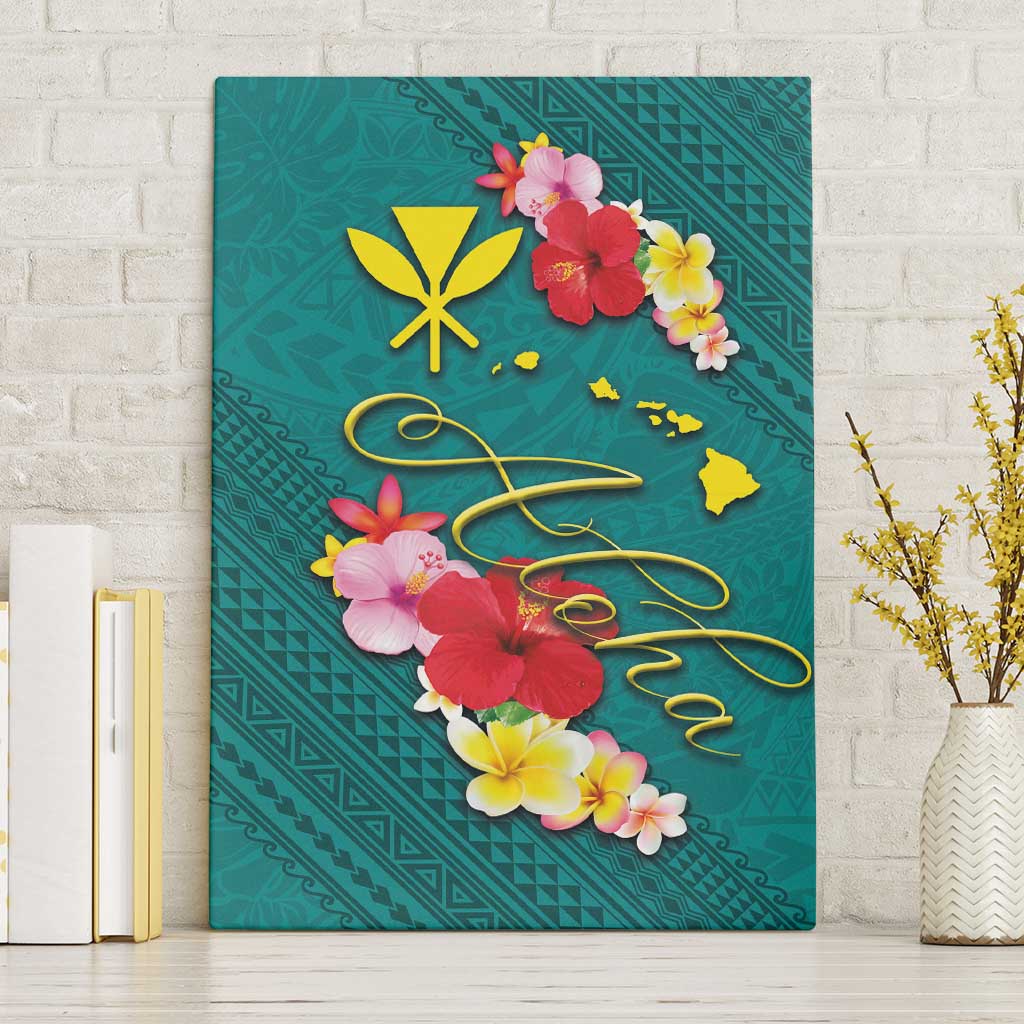 Aloha Kanaka Maoli Hawaii Flowers Canvas Wall Art With Polynesian Pattern Teal Color LT03 Without Frame Teal - Polynesian Pride