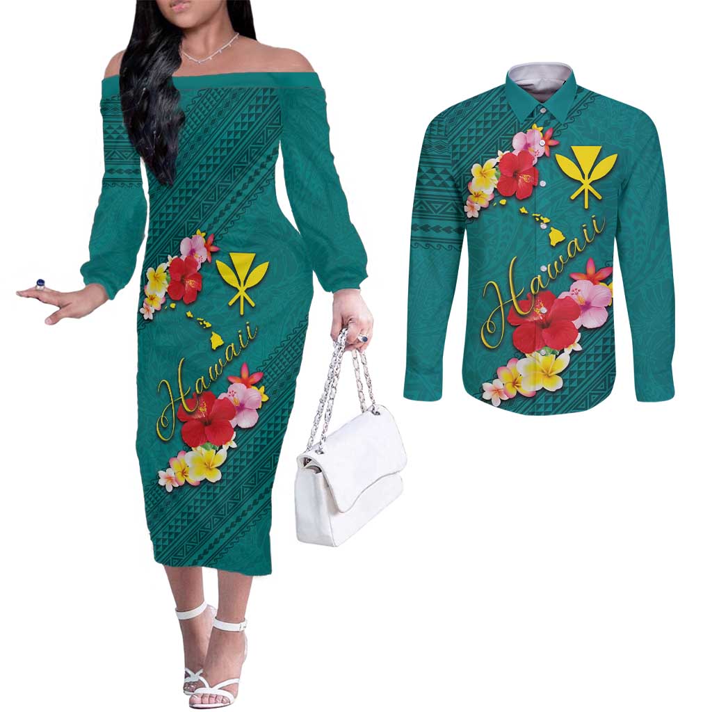 Aloha Kanaka Maoli Hawaii Flowers Couples Matching Off The Shoulder Long Sleeve Dress and Long Sleeve Button Shirt With Polynesian Pattern Teal Color