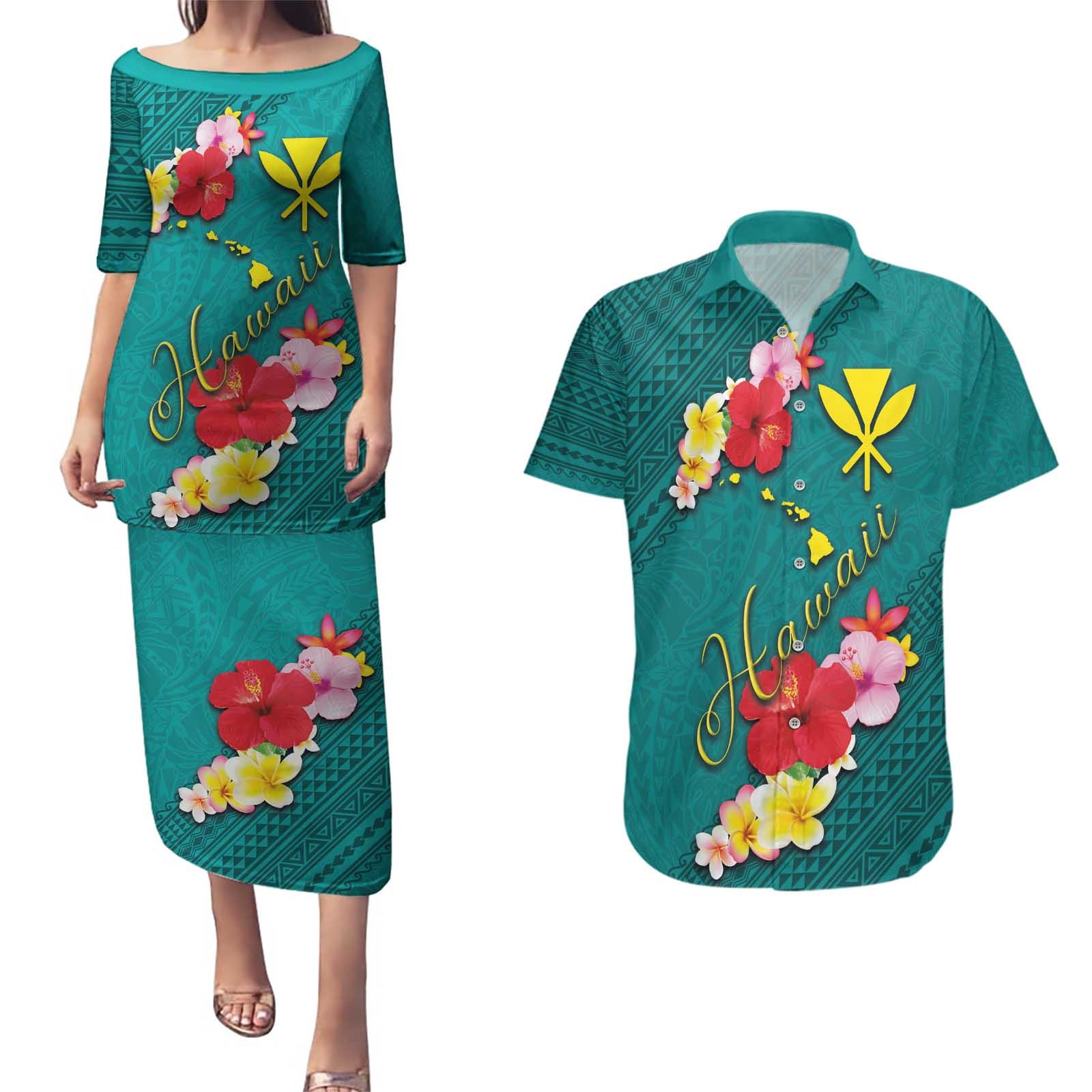 Aloha Kanaka Maoli Hawaii Flowers Couples Matching Puletasi and Hawaiian Shirt With Polynesian Pattern Teal Color LT03 Teal - Polynesian Pride