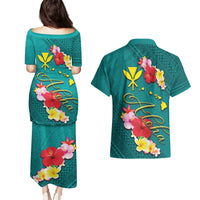 Aloha Kanaka Maoli Hawaii Flowers Couples Matching Puletasi and Hawaiian Shirt With Polynesian Pattern Teal Color