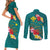 Aloha Kanaka Maoli Hawaii Flowers Couples Matching Short Sleeve Bodycon Dress and Long Sleeve Button Shirt With Polynesian Pattern Teal Color