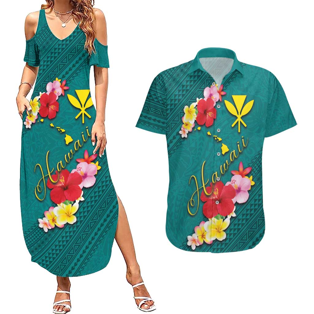 Aloha Kanaka Maoli Hawaii Flowers Couples Matching Summer Maxi Dress and Hawaiian Shirt With Polynesian Pattern Teal Color