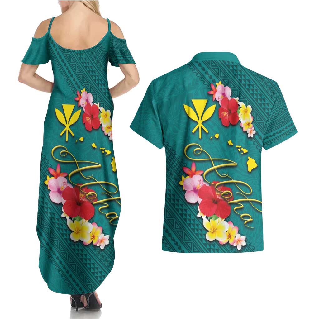 Aloha Kanaka Maoli Hawaii Flowers Couples Matching Summer Maxi Dress and Hawaiian Shirt With Polynesian Pattern Teal Color