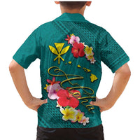 Aloha Kanaka Maoli Hawaii Flowers Family Matching Mermaid Dress and Hawaiian Shirt With Polynesian Pattern Teal Color