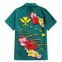 Aloha Kanaka Maoli Hawaii Flowers Family Matching Mermaid Dress and Hawaiian Shirt With Polynesian Pattern Teal Color