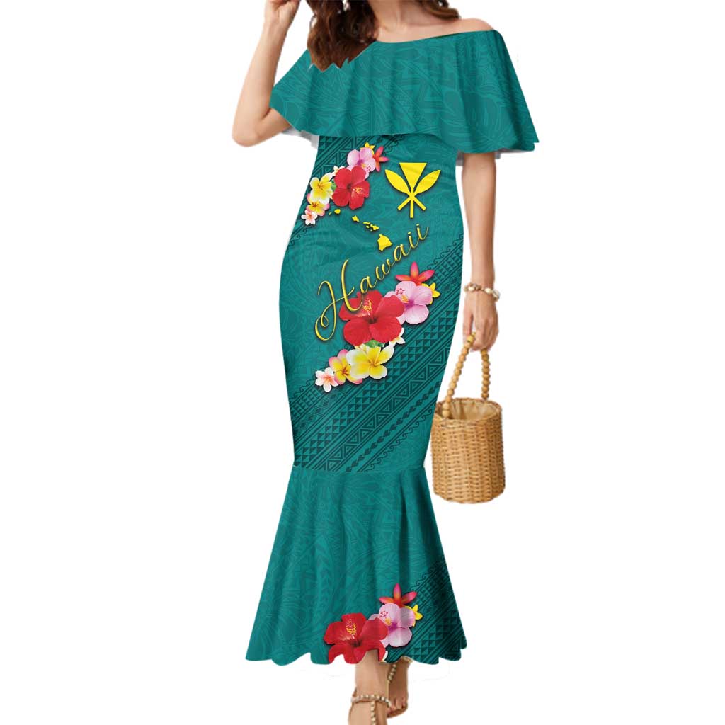 Aloha Kanaka Maoli Hawaii Flowers Family Matching Mermaid Dress and Hawaiian Shirt With Polynesian Pattern Teal Color