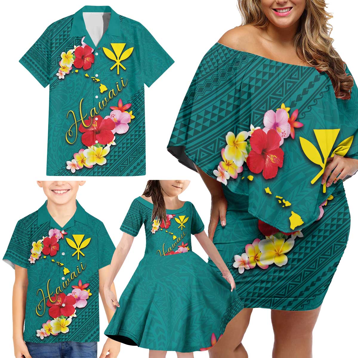Aloha Kanaka Maoli Hawaii Flowers Family Matching Off Shoulder Short Dress and Hawaiian Shirt With Polynesian Pattern Teal Color LT03 - Polynesian Pride