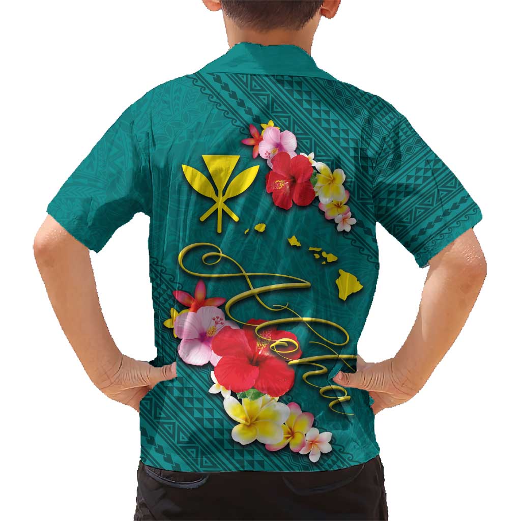 Aloha Kanaka Maoli Hawaii Flowers Family Matching Short Sleeve Bodycon Dress and Hawaiian Shirt With Polynesian Pattern Teal Color