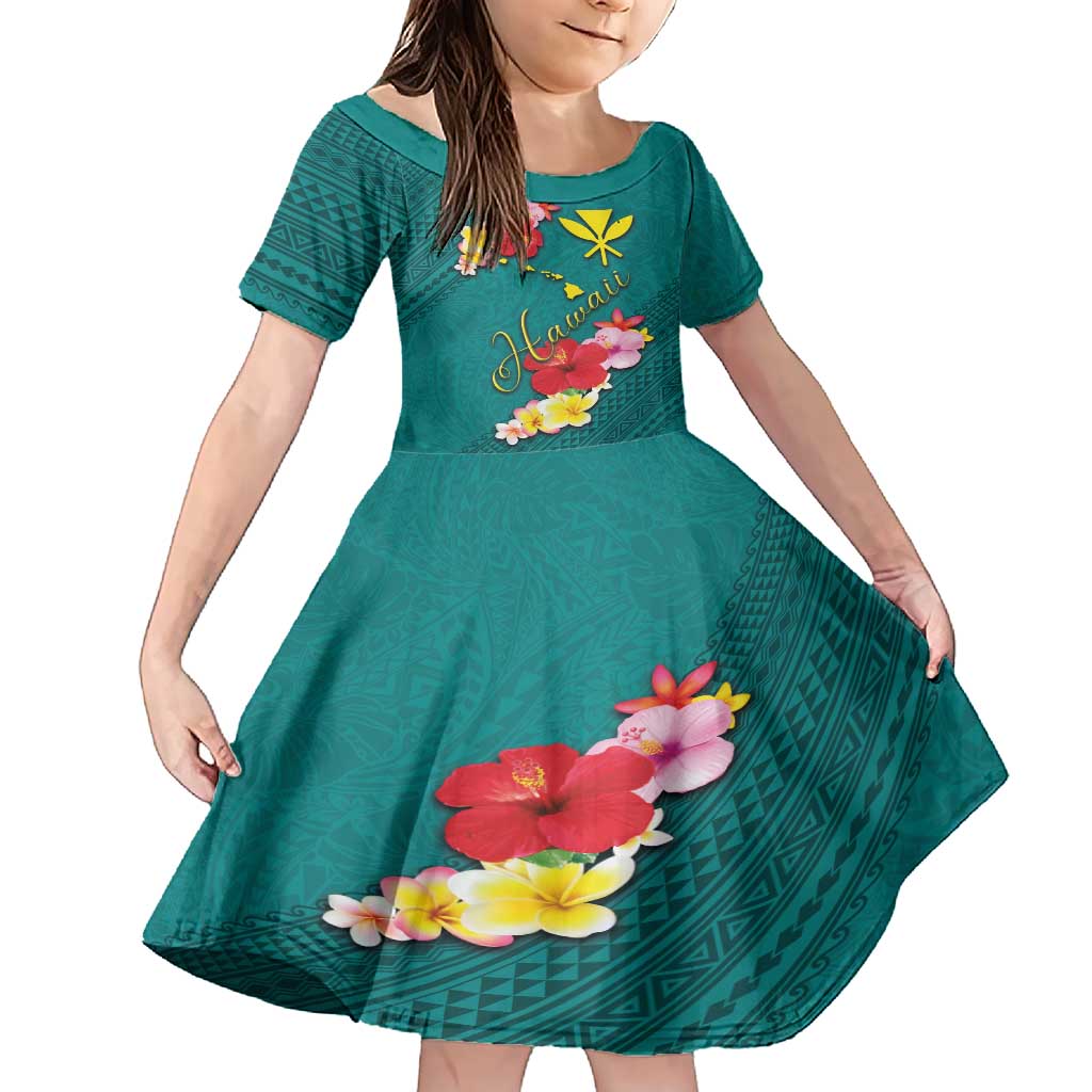 Aloha Kanaka Maoli Hawaii Flowers Family Matching Short Sleeve Bodycon Dress and Hawaiian Shirt With Polynesian Pattern Teal Color