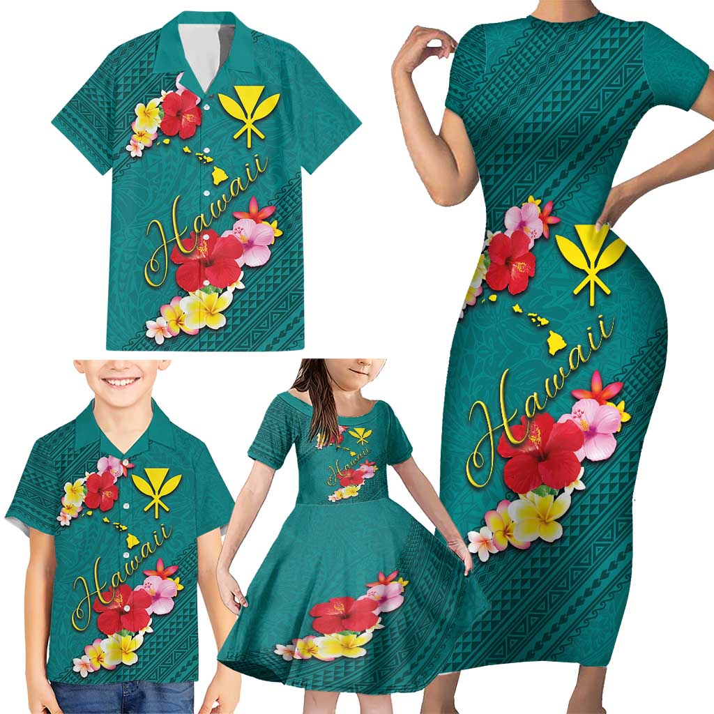 Aloha Kanaka Maoli Hawaii Flowers Family Matching Short Sleeve Bodycon Dress and Hawaiian Shirt With Polynesian Pattern Teal Color LT03 - Polynesian Pride