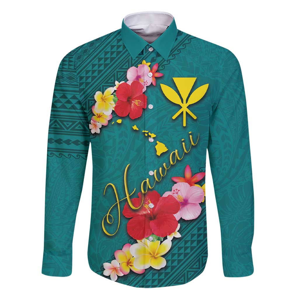 Aloha Kanaka Maoli Hawaii Flowers Family Matching Short Sleeve Bodycon Dress and Hawaiian Shirt With Polynesian Pattern Teal Color