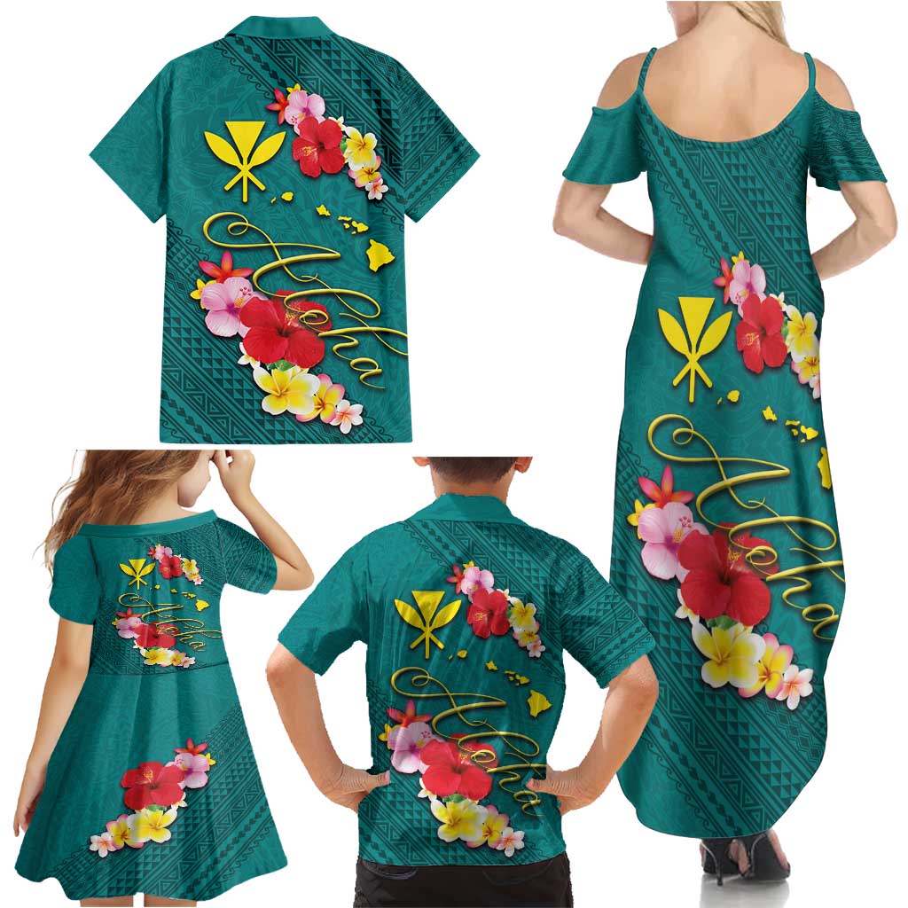 Aloha Kanaka Maoli Hawaii Flowers Family Matching Summer Maxi Dress and Hawaiian Shirt With Polynesian Pattern Teal Color