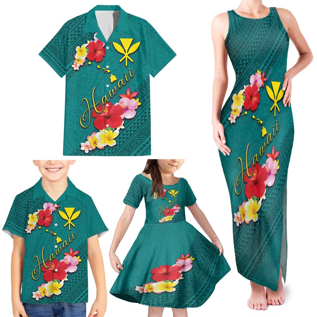 Aloha Kanaka Maoli Hawaii Flowers Family Matching Tank Maxi Dress and Hawaiian Shirt With Polynesian Pattern Teal Color LT03 - Polynesian Pride