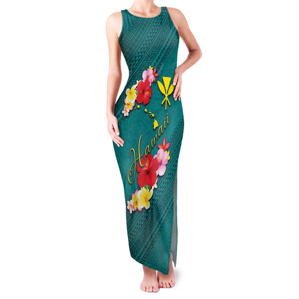 Aloha Kanaka Maoli Hawaii Flowers Family Matching Tank Maxi Dress and Hawaiian Shirt With Polynesian Pattern Teal Color