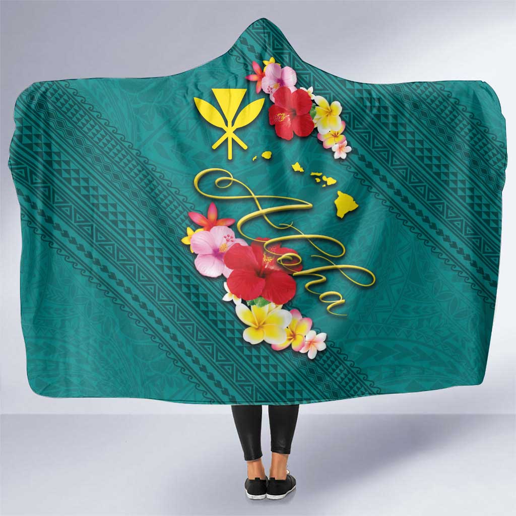 Aloha Kanaka Maoli Hawaii Flowers Hooded Blanket With Polynesian Pattern Teal Color LT03 One Size Teal - Polynesian Pride
