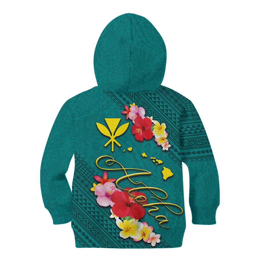 Aloha Kanaka Maoli Hawaii Flowers Kid Hoodie With Polynesian Pattern Teal Color