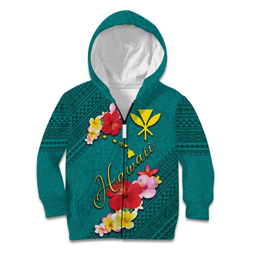 Aloha Kanaka Maoli Hawaii Flowers Kid Hoodie With Polynesian Pattern Teal Color