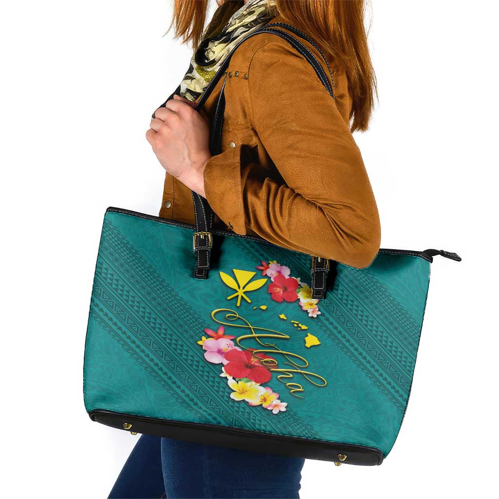 Aloha Kanaka Maoli Hawaii Flowers Leather Tote Bag With Polynesian Pattern Teal Color LT03 Teal - Polynesian Pride