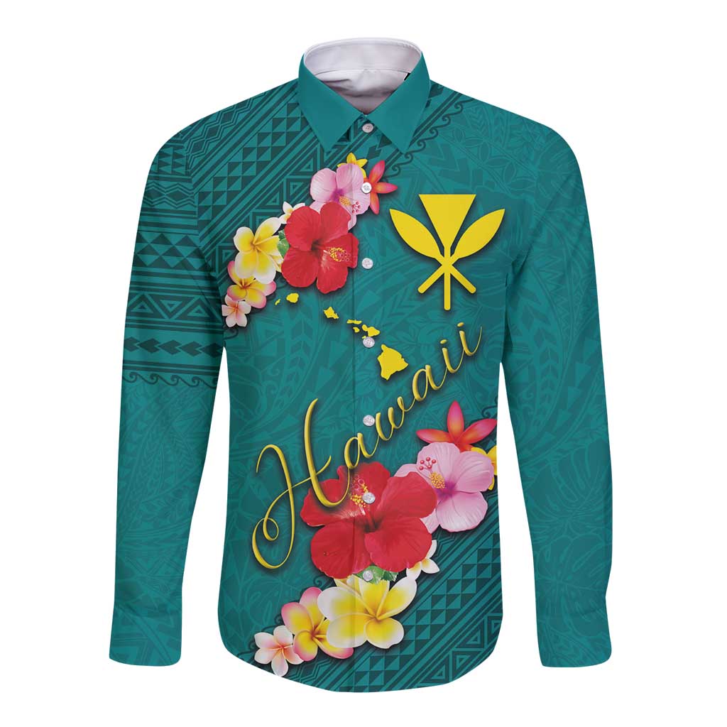 Aloha Kanaka Maoli Hawaii Flowers Long Sleeve Button Shirt With Polynesian Pattern Teal Color LT03 Unisex Teal - Polynesian Pride