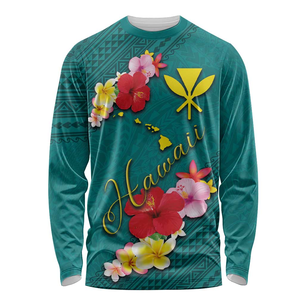 Aloha Kanaka Maoli Hawaii Flowers Long Sleeve Shirt With Polynesian Pattern Teal Color LT03 Unisex Teal - Polynesian Pride