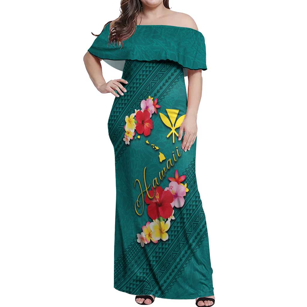 Aloha Kanaka Maoli Hawaii Flowers Off Shoulder Maxi Dress With Polynesian Pattern Teal Color