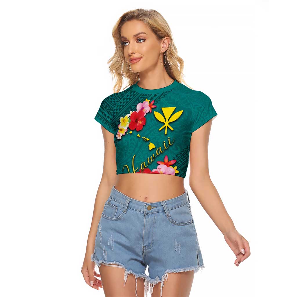 Aloha Kanaka Maoli Hawaii Flowers Raglan Cropped T Shirt With Polynesian Pattern Teal Color LT03 Female Teal - Polynesian Pride